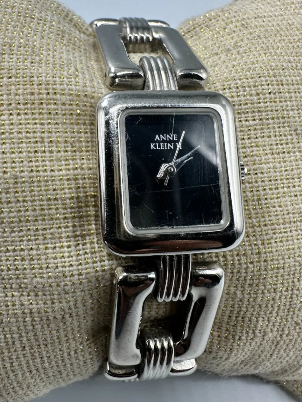 3/$30 Anne Klein Watch Women Silver Tone Black Square Dial New Battery 6
